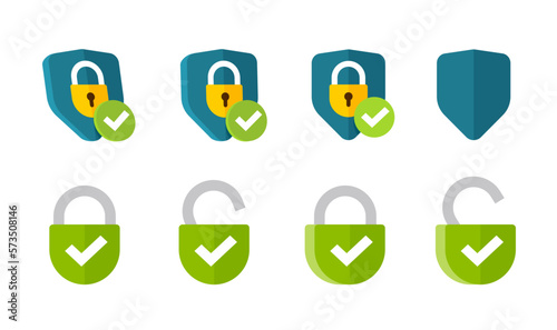 Shield lick icon vector set as internet web secure safeguard defence protection graphic illustration clipart 3d and flat, green padlock open closed security unlock logo with check mark image