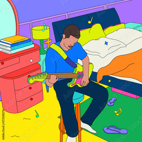 Filipino man playing guitar in bedroom photo