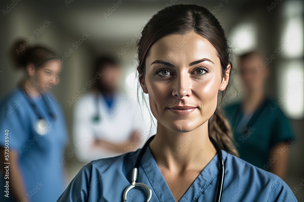 Young confident male nurse looking at camera. generative AI digital illustration. Young confident male nurse looking at camera. generative AI digital illustration.