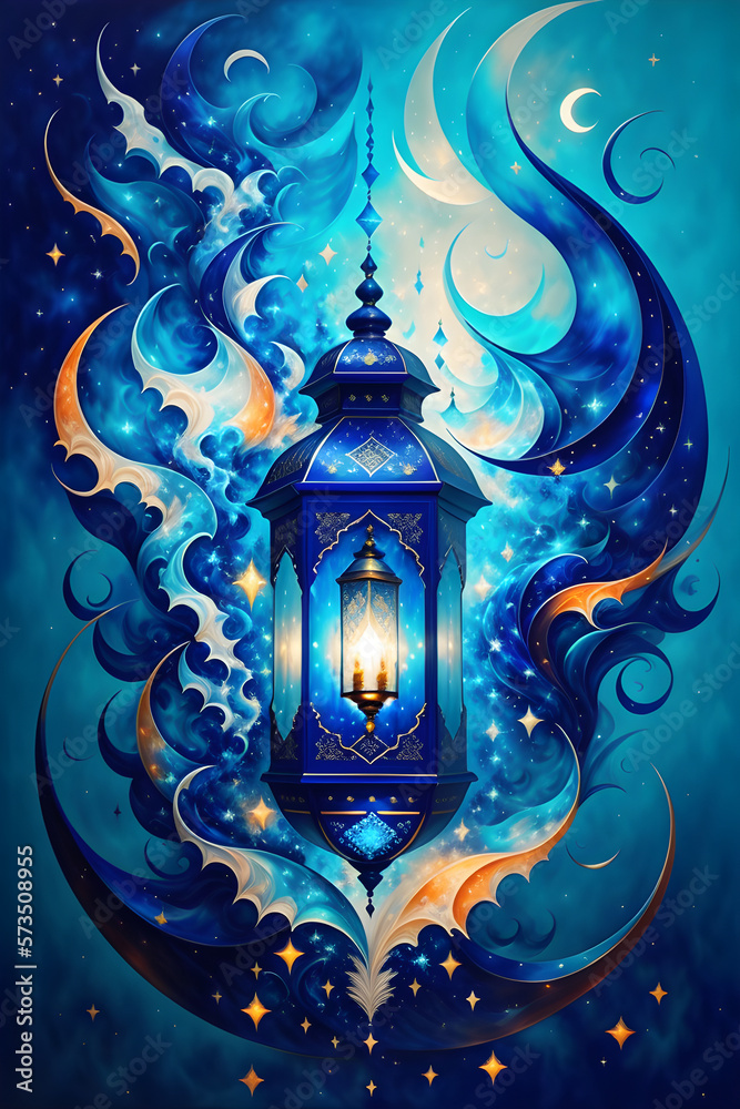 Fototapeta premium arabic islamic illustration for greeting muslims in ramadan, blue lantern design, generative ai