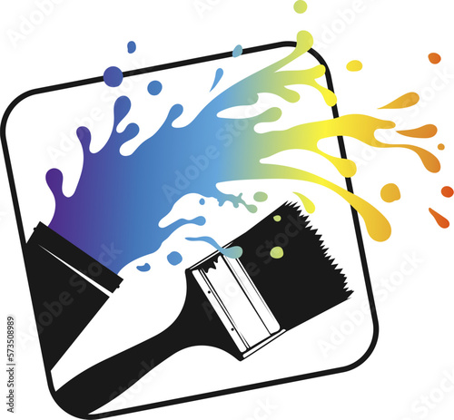 Paint brush and colored paint spills. Design for painter and painting work