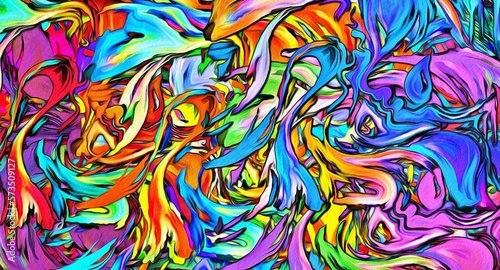 Abstract psychedelic fractal background of stylized watercolor illustration, colored chaotically blurred spots and paint strokes of different sizes and shapes