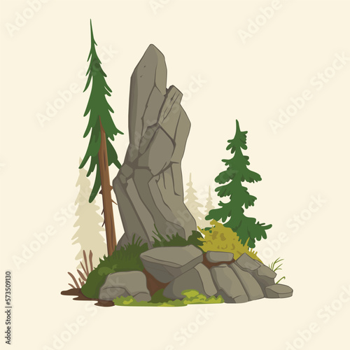 set of landscapes isolated on a white background coniferous trees, flowers and grass on the rocks. Vector