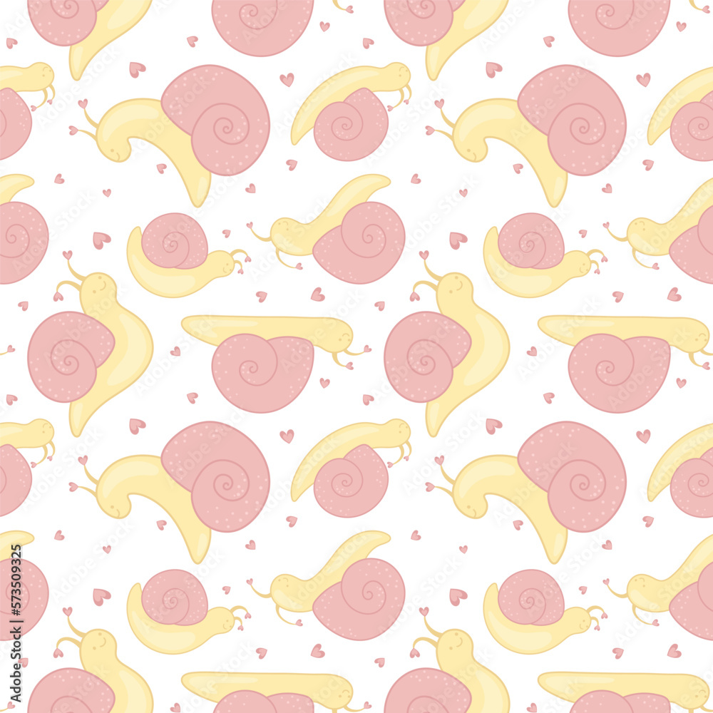 Cute seamless pattern with various snails. Children's print in pastel colors. Wallpaper or bedding design for a nursery. Ornament for baby girl's clothes. Cute seamless pattern with various snails. Children's print in pastel colors. Wallpaper or bedding design for a nursery. Ornament for baby girl's clothes.