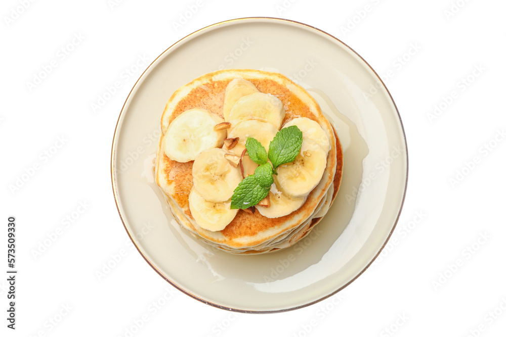 Tasty pancakes with sliced banana isolated on white, top view Tasty pancakes with sliced banana isolated on white, top view