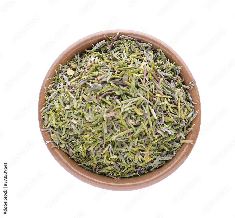 Bowl of dried thyme isolated on white, top view