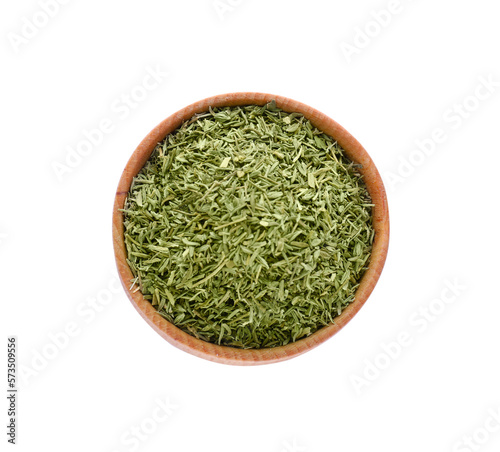 Bowl of dried thyme isolated on white, top view