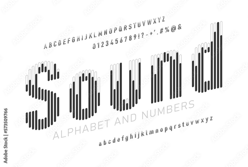 Black and white italic sound wave style font design, alphabet letters, signs, symbols and numbers. Vector illustration.