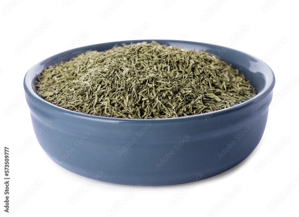 Bowl with dried thyme isolated on white