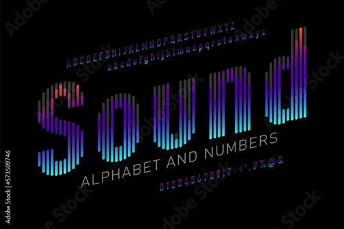 Colorful italic sound wave style font design, alphabet letters, signs, symbols and numbers. Vector illustration