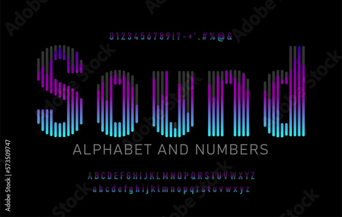 Colorful sound wave style font design, alphabet letters, signs, symbols and numbers. Vector illustration