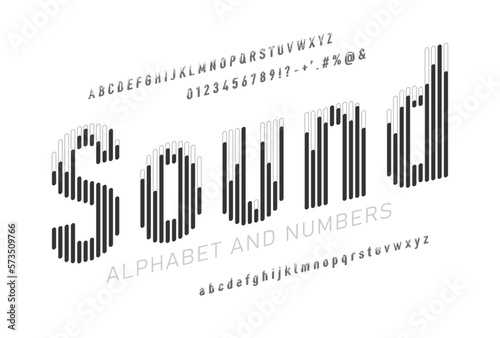Black and white italic sound wave style font design, alphabet letters, signs, symbols and numbers. Vector illustration.