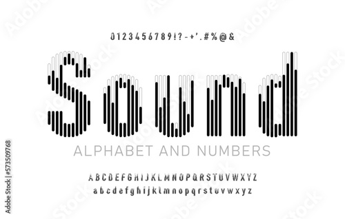 Black and white sound wave style font design, alphabet letters, signs, symbols and numbers. Vector illustration