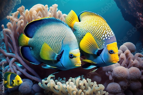 Fotobehang Tropical colorful fish at the coral reef. AI generative