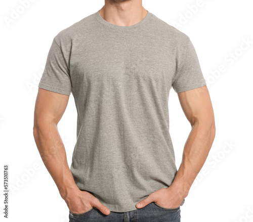 Man wearing grey t-shirt on white background, closeup. Mockup for design