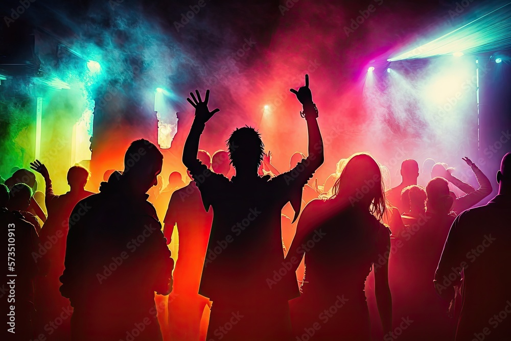 Photo of big company people rise hands have crazy fun wear stylish trendy outfit modern club indoors, colorful neon lights. Ai generative.