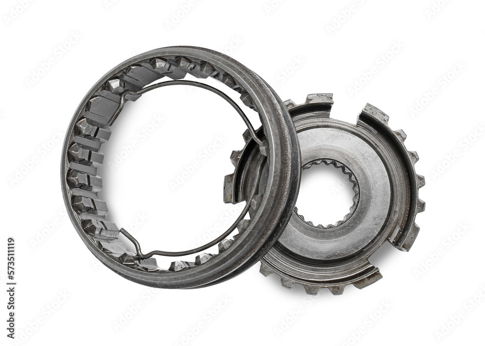 Different stainless steel gears on white background, top view Different stainless steel gears on white background, top view