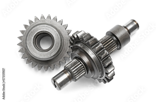 Stainless steel gears on white background, top view