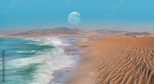 Namib desert with Atlantic ocean meets near Skeleton coast with full moon - Namibia, South Africa "Elements of this image furnished by NASA" 