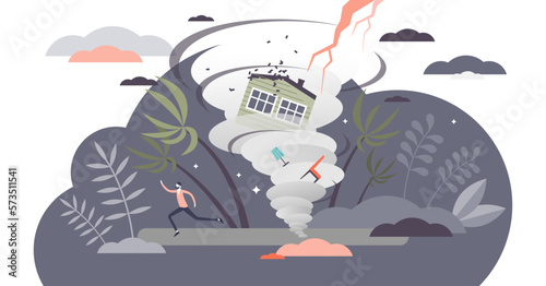 Hurricane illustration, transparent background. Tropical cyclone flat tiny persons concept. Dangerously strong whirlpool wind and lightening storm. Nature disaster and house destruction scene.