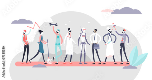 Jobs illustration, transparent background.Flat tiny various work occupation persons concept.Professional employment and labor market with robot participation.