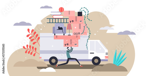 Moving illustration, transparent background. Flat tiny new home relocation persons concept. Vehicle with stack of personal boxes and packages for fast transportation.