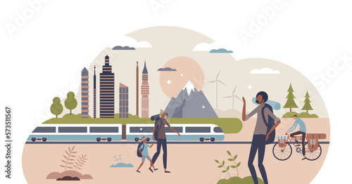 Save earth and consider your travel to reduce CO2 footprint tiny person concept, transparent background. Support local tourism and explore nearby places.