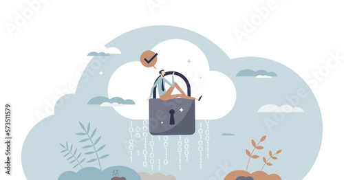 Secure cloud with virtual database security protection tiny person concept, transparent background. Internet privacy data and information safety management with password, encryption.
