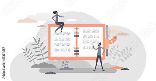 Taking notes as writing process of study in memo diary tiny persons concept, transparent background. Notepad messages with advices and information to remember illustration. Viewing paper text layout.