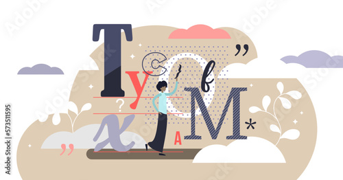 Typography illustration, transparent background. Flat tiny writing technique person concept. Artistic text typing for cover. Calligraphy knowledge as geometric handwriting skill.