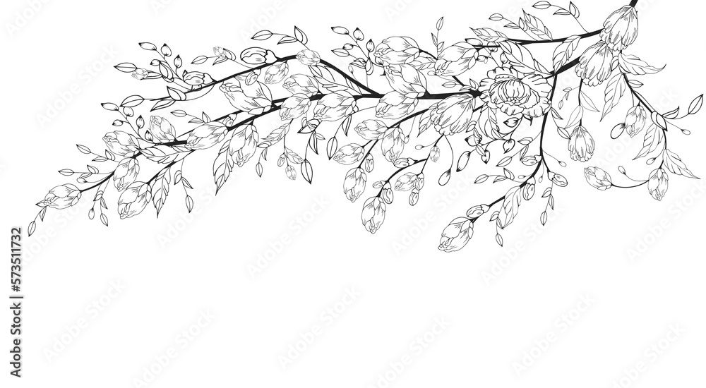 A beautiful blooming branch, richly decorated with flowers, buds, and leaves. Hand drawing. A beautiful blooming branch, richly decorated with flowers, buds, and leaves. Hand drawing.