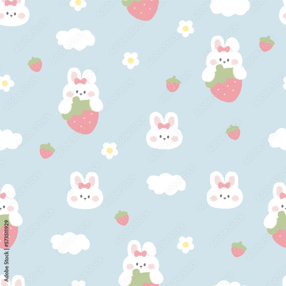 Cute kawaii seamless pattern. Cute Bunny. Rabbit and strawberry, sky, clouds. Vector