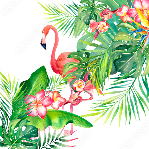Pink flamingo. Composition of monstera, palm branch and plumeria on an isolated background. An exotic bird. Watercolor illustration.