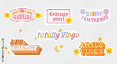 Zodiac signs. Gemini, Cancer, Taurus, Leo, Virgo, Aries. Funny stickers. Vector