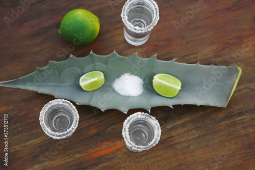 Mexican tequila shots, salt, lime and green leaf on wooden table, flat lay. Drink made of agava