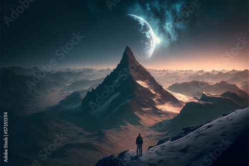 person standing on top of the mountain and a beautiful moon in the backdrop