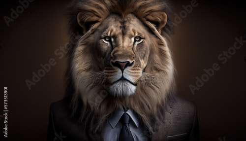 Portrait of lion dressed in a business suit on isolated background. Generative AI