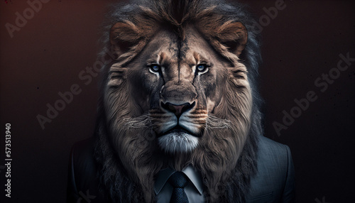 Portrait of lion dressed in a business suit on isolated background. Generative AI