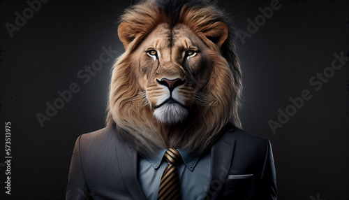 Portrait of lion dressed in a business suit on isolated background. Generative AI © Odin