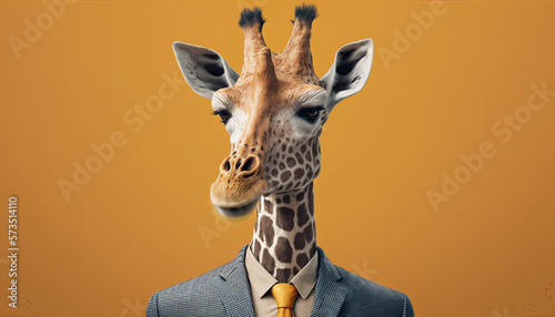Portrait of giraffe dressed in a business suit on isolated yellow background. Generative AI