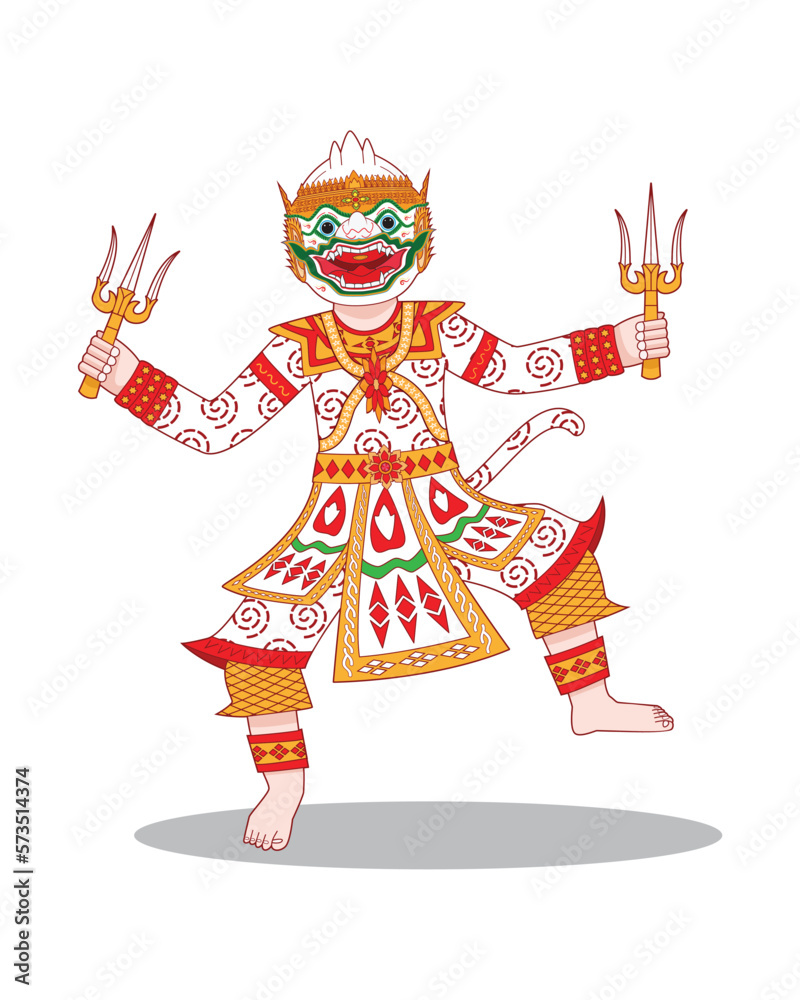 Hanuman or Anjaneya Hindu god characters in Ramayana Mahabharata or Ramakien in Thailand famous epic holding  trident weapon dressing and action in Thai style art drama drawing in cartoon vector
