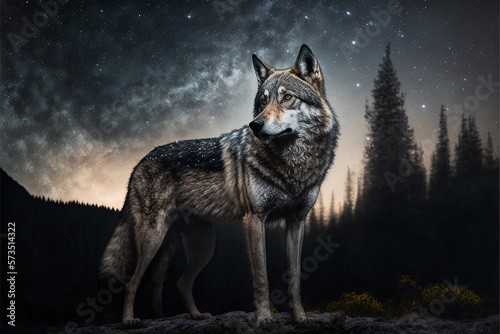 Wolf on the background of the starry sky. Animal in full growth