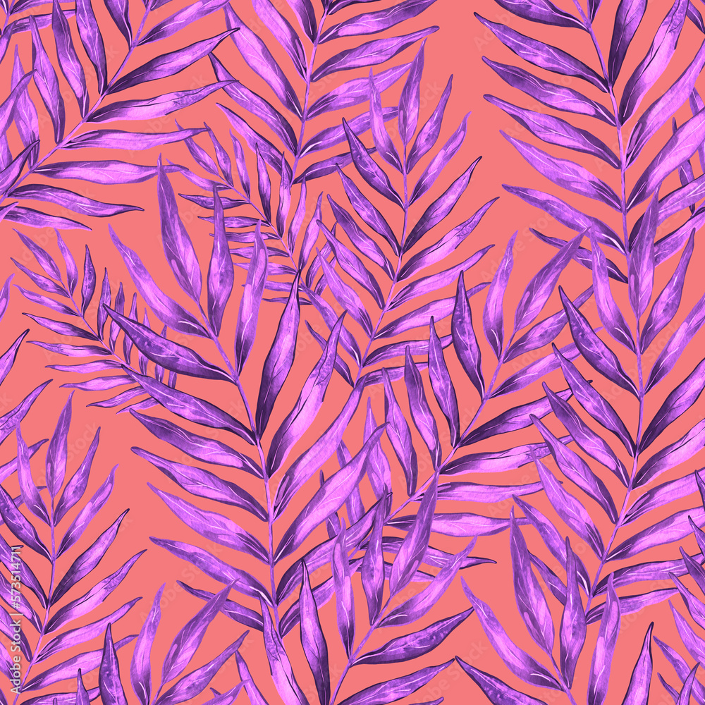 Watercolor seamless pattern with palm leaves. Beautiful allover tropical print with hand drawn exotic plants. Swimwear botanical design.	