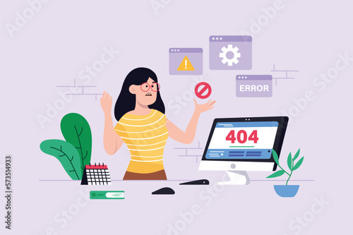 404 not found violet background concept with people scene in the flat cartoon design. Programmer was upset because there was an error in the settings. Vector illustration.