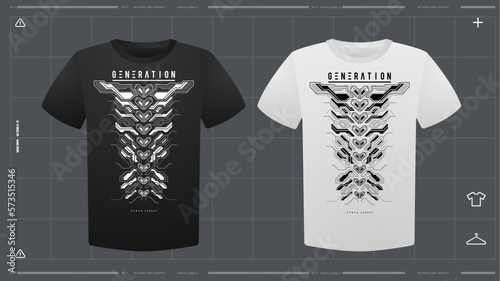 Men's t-shirt with futuristic print mockup. Front view. Vector template. Cyber Hud Design print.
