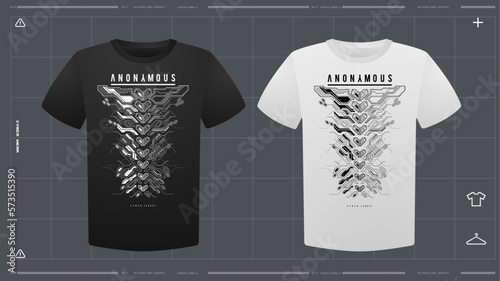 Men's t-shirt with futuristic print mockup. Front view. Vector template. Cyber Hud Design print.