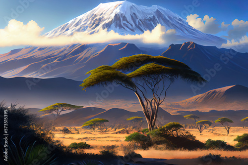 Fotografie Kilimanjaro on african savannah realistic. Generative Ai