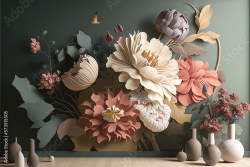 Floral mural painting on green background. 3D illustration design for interior decoration, bedroom, living room, home, office decor. Generative AI