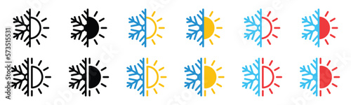 Hot and cold icons. Snowflake and sun icon symbol. Air temperature symbol. Ice and sun icons for all season on apps and websites, vector illustration