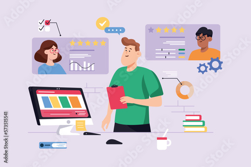 Recruiting violet background concept with people scene in the flat cartoon design. Recruiter reviews the application forms of candidates for a new position. Vector illustration.